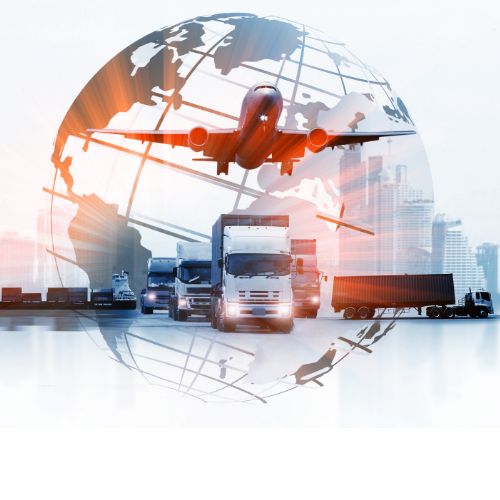 Un globo terraqueo con rascacielos en el fondo, un avión volando por sobre un grupo de camiones que transportan contenedores de carga, atrás de ellos se ve un barco y una pila de contenedores de carga de mercancias.
